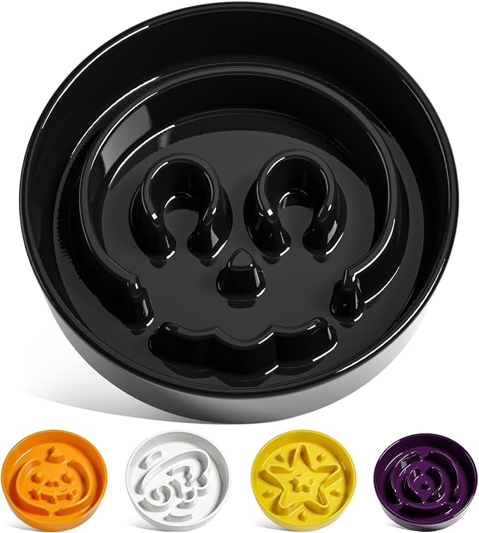 LE TAUCI Ceramic Slow Feeder Dog Bowls Small Breed, 0.6 Cups Dog Food Dish for Fast Eaters, Puzzle Bowl for Small Dogs and Cats,Skull Black
