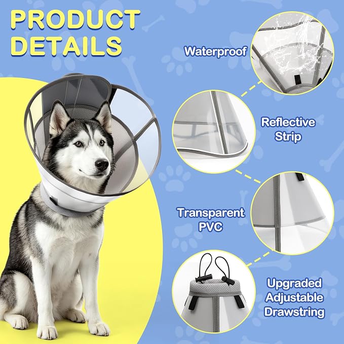 WinWeal Upgraded Soft Dog Cone Collar for Large Medium Dogs After Surgery – Adjustable Transparent Recovery Collar, Breathable Elizabethan E-Collar for Wound Healing & Anti-Licking (L, Grey)