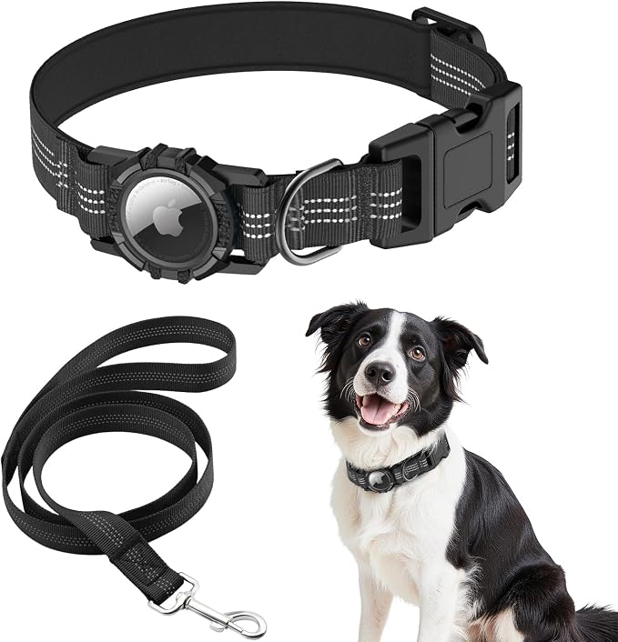 AirTag Dog Collar and Leash, IP68 Waterproof Integrated with Reflective, Ultra-Durable, Comfortable Padded, Heavy Duty Dog Collars for Small Medium Large Dogs, L (14.8"-20.3"), Black