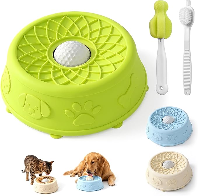 Dog Slow Feeder Lick Bowl with Rolling Ball for Liquid Treats,2-in-1(Green) | Anti-Slip Silicone Dog Licking Bowl for Bone Broth with Suction Cup, Enrichment Lick Sphere Toy for Large Medium Dogs Cats