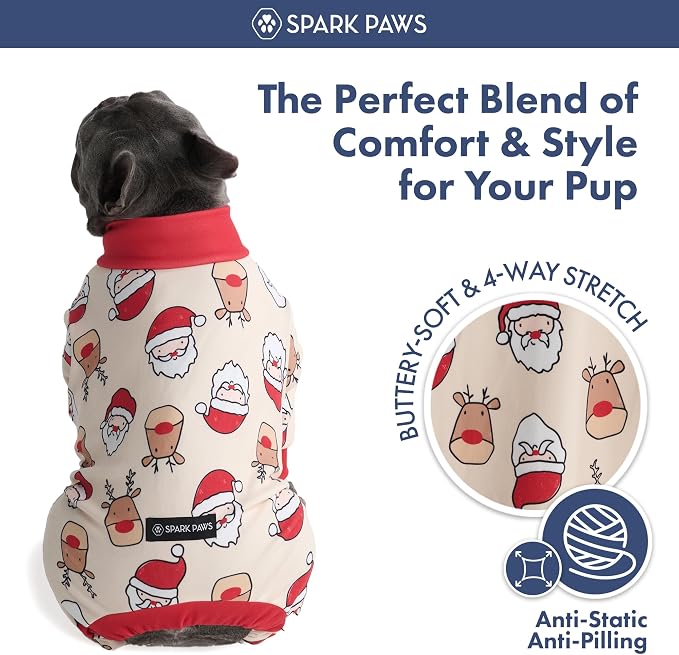 Spark Paws Dog Christmas Pajama, Dog Recovery Suit Male, Onesie, Ultra-Soft and 4-Way Stretch, for Small Medium and Large Breeds - Santa and Rudolph - M