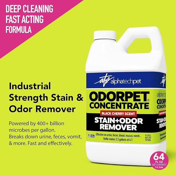 ATP OdorPet Concentrated Stain and Odor Remover, Black Cherry, 64 Fl Oz | Industrial grade, pH-neutral cleaner for dog and cat urine, feces, and vomit. Safe on carpets, furniture, artificial turf.