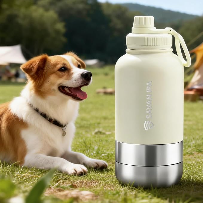 3 in 1 Insulated Stainless Steel Dog & Human Water Bottle | Leakproof Travel Dispenser with 2 Detachable 8.5 oz Bowl, 24H Cold/12H Hot, Carrying Case for Walking, Hiking,Camping & Outdoor Travel
