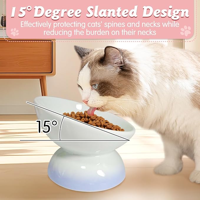 kathson 4 Pcs Ceramic Raised Cat Bowls, Elevated Tilted Cat Food Bowl, Anti Vomiting Pet Food Bowl, Colorful Porcelain Pet Feeder Dish for Cats and Small Dogs, Stress Free(Blue,Green,Purple,Pink)