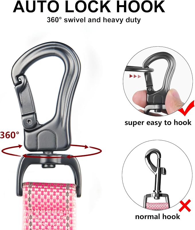 Twoear 6FT 1IN Heavy Duty Dog Leash for Large Dogs with 2 Padded Handles | Traffic Handle Extra Control, Auto Lock Hook, Strong Reflective Walking Leash for Night Safety, Medium and Large Breeds,Pink