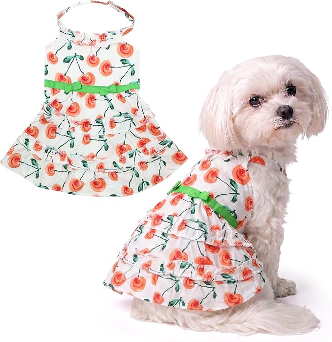 Parisian Pet Floral Dog Dress - Summer Cotton Clothes for Small Dogs Girl - Red Poppies Pet Dress - Stylish Boho Dog Beach Outfit - Adjustable Puppy Clothes - Lightweight Dresses for Dogs