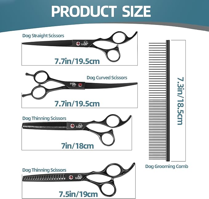 7-Inch Dog Grooming Scissors Set, 4-in-1 Pet Shears Kit | Straight, Curved, Thinning & Chunkers, Includes Comb for Home & Professional Grooming