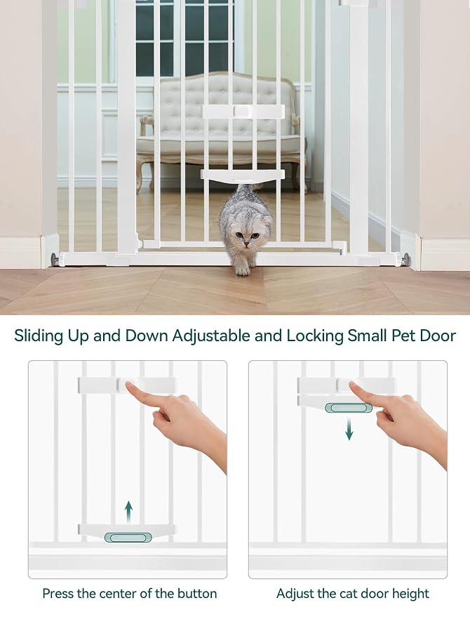 Babelio 29-48" Extra Wide Baby Gate with Cat Door, Auto Close Metal Pet Door for Stairs, Doorways, House, Pressure/Hardware Mounted, Easy Walk Thru, White | Auto-Close Metal Pet Door for Stairs, Doorways & House, Pressure/Hardware Mounted, Easy Walk Th...