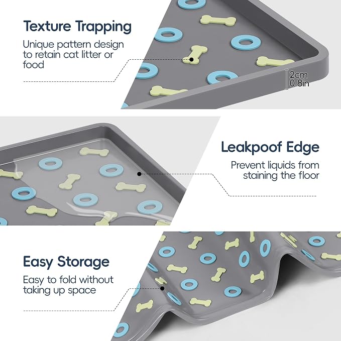 Silicone Cat Litter Mat 40" x 28" Cat Mat for Litter Box, Dark Grey | Extra Large Litter Box Mat, Waterproof Cat Litter Trapping Mat, Non-slip, Leakproof Kitty Litter Mat with Bone Pattern