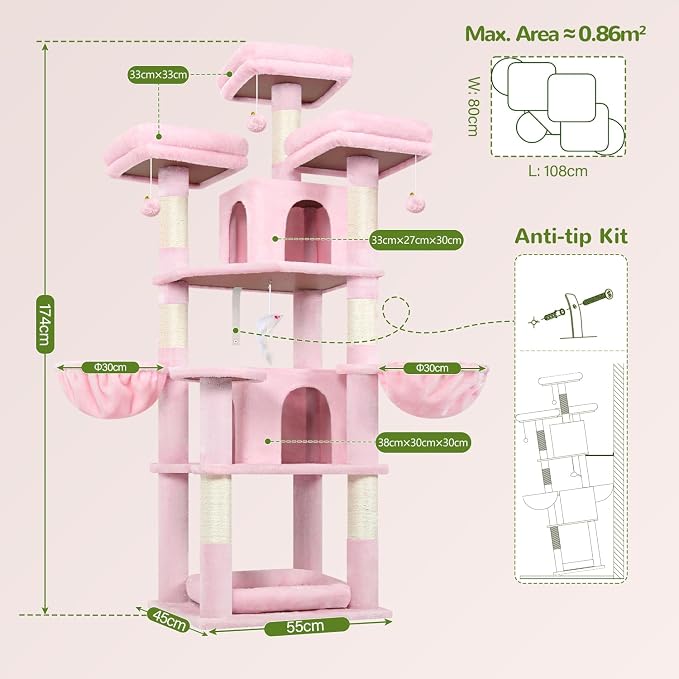Globlazer Big Cat Tower for Indoor Cats, 68 inch Cat Tower for Multiple Adult Cats XL Cat Tree with Scratching Post, 3 Perches, 2 Condos, 2 Basket, Removable Pet Bed, F68B, Pink