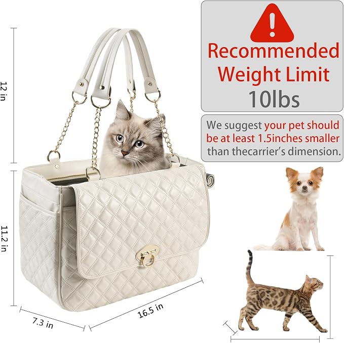 Fashion Dog Purse for Small Dogs with 2 Super-Large Pockets, Holds Up to 10lbs PU Leather Pet Carrier, Cat Carrier, Airline Approved Puppy Purse for Travel (White, Small Size)