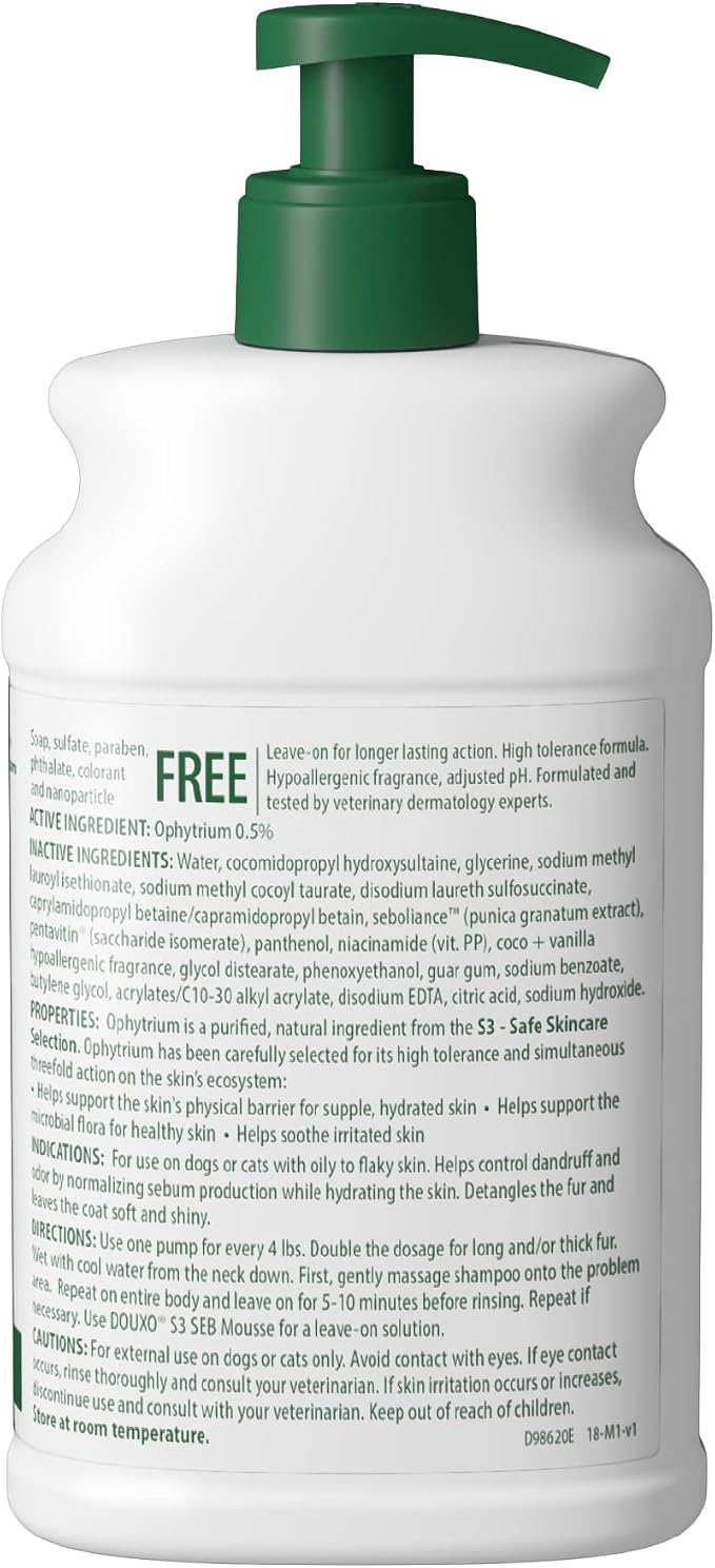 Douxo S3 SEB Dog Seboregulating Shampoo, 0.5% Ophytrium, 16.9 fl oz | Seborrhea Treatment for Dogs & Cats, Helps Control Dandruff, Unpleasant Odors & Oily/Flaky Skin, 0.5% Ophytrium, 16.9 fl oz