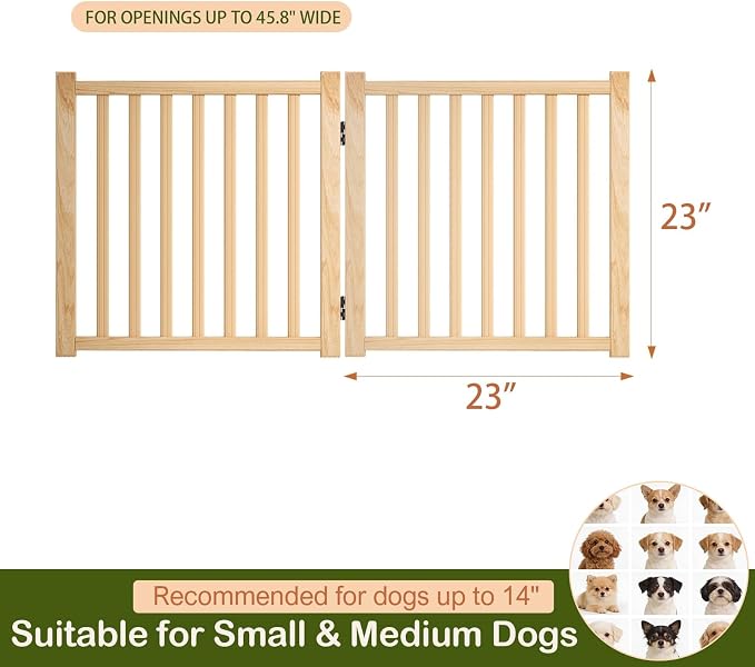 Freestanding Wooden Dog Gate Indoor- 23" H 2 Panels 2PCS | No-Painted Folding Pet Gate, Foldable Puppy Fence for Stairs, Doorways, Hallways