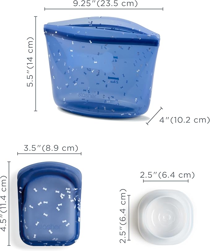 Stasher Dog Reusable Silicone Food Storage Essentials, 5 Piece Starter Kit | 4-Cup Dog Travel Bag, Treat Bag, and Dog Food Can Lids, Food Safe, Airtight Seal, Leak-Free, Freezer, Dishwasher, Pet Travel