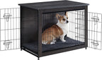 DWANTON Dog Crate Furniture with Cushion, Wooden Kennel Table with Double Doors, Indoor Dog House, Medium Size, 32.5" L, Dark Gray
