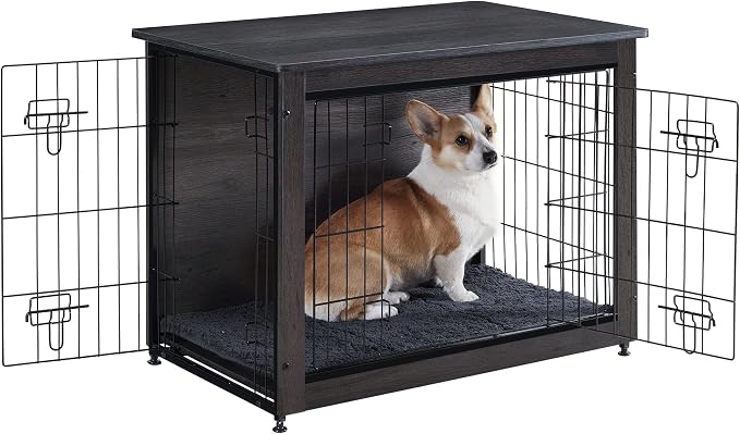 DWANTON Dog Crate Furniture with Cushion, Wooden Kennel Table with Double Doors, Indoor Dog House, Medium Size, 32.5" L, Dark Gray