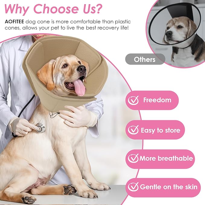 AOFITEE Soft Dog Cone, Adjustable Cones for Dogs After Surgery, Comfy Dog Cone Collar Alternative to Stop Licking, Elizabethan Recovery Collar for Large Dogs(Khaki,Large)