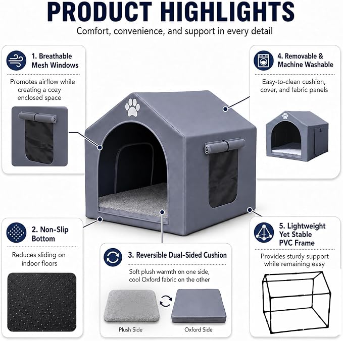 Dog House Indoor for Large Dogs, 29 x 29 x 35 Inch Dog Tent with Reversible Cushion, Washable Foldable Pet House with Sturdy PVC Frame, Non-Slip Bottom & Roof Cover for 35-75 lbs Dogs and Cats, Gray