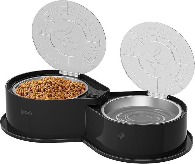Newget 304 Stainless Steel Dog Bowl Set with Lids, 24oz Foldable Pet Dishes | Dual Food & Water Pet Bowl, Anti-Skid, Keeps Food Fresh, Easy to Install, for Small - Large Dogs/Cats - Indoor & Outdoor Use