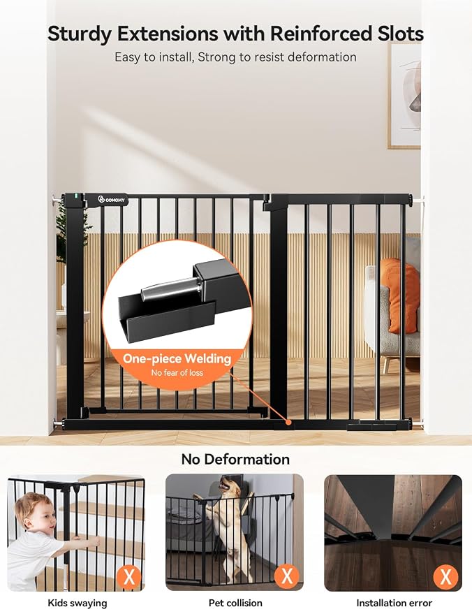 COMOMY 30" Tall Baby Gate for Stairs Doorways, Fits Openings 29.5" to 46" Wide, Auto Close Extra Wide Dog Gate for House, Pressure Mounted Easy Walk Through Pet Gate with Door, Black | Auto Close Extra Wide Dog Gate for House, Pressure Mounted Easy Wal...