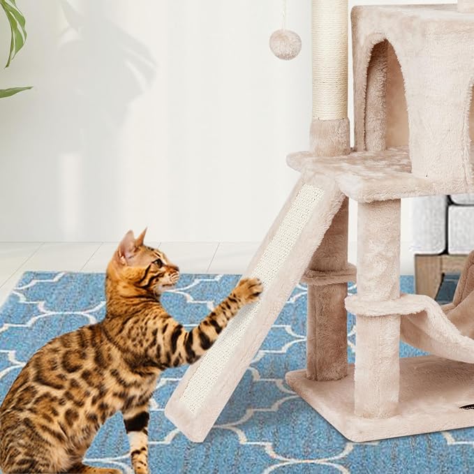 Cut Cat Tree Cat Tower Condo with Hammock Kittens Scratching Post Beige | MIAO PAW Cat Bed For Indoor Modern Activity Tree for small Cat with Board Hanging Ball Play House