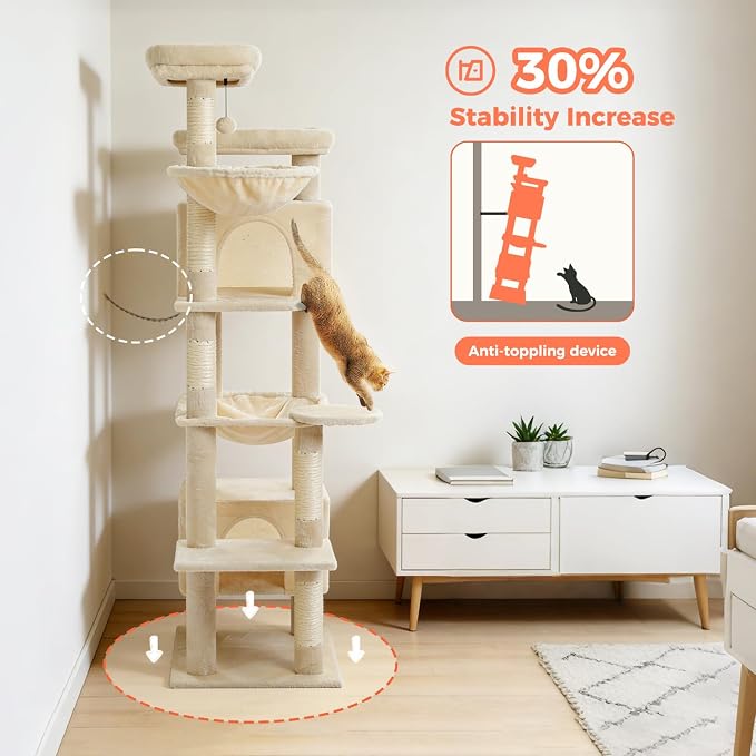 69" Tall Cat Tree for Indoor Cats Large Adult, Multi-Level Cat Tower | Multi-Level Cat Tree with Scratching Posts, Soft Padded Perch, 2 Dangling Toys