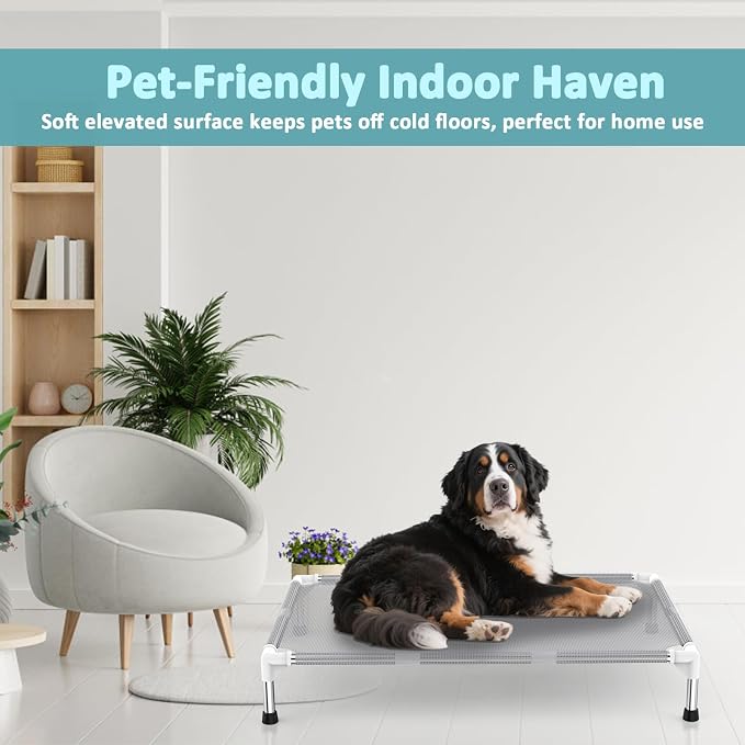 Elevated Dog Bed with Teslin Cooling Fabric - Dog Cot for Large Dogs | 0.5mm Heavy-Duty Stainless Steel Frame, Waterproof & Washable Mesh, Indoor & Outdoor Use, Anti-Slip Feet, Easy Clean