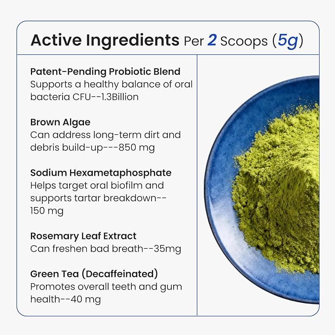 Dog & Cat Teeth Cleaning Powder: Plaque & Tartar Control with Brown Algae, Kelp, Probiotics (1.3B CFU), Sodium Hexametaphosphate & Enzymes – Freshens Breath – Chicken Flavor, 64 Scoops