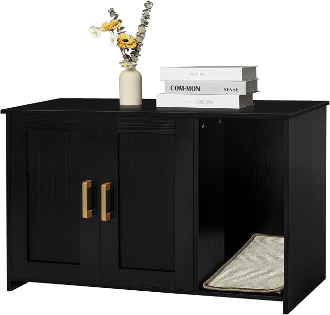 Dwanton Litter Box Enclosure, Cat Litter Box Furniture Hidden, with Scratching Mat, Wooden Cat Washroom Indoor, 31.5" L x 19.7" W x 21.7" H, Black