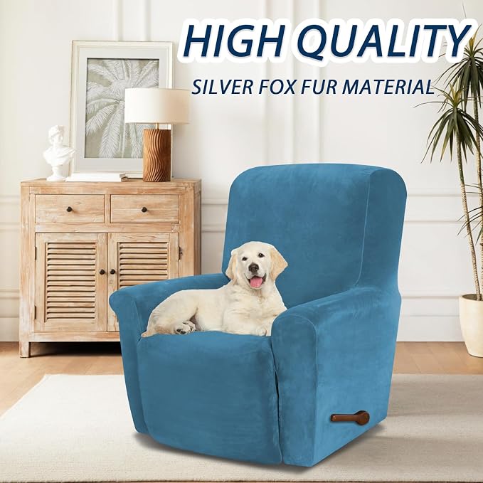Asnomy Stretch Recliner Chair Covers with Pockets 1-Piece（Peacock Blue） | Velvet Washable Elastic Luxury Plush Reclining Furniture Protector for Dogs Cats or Lazy Boy Recliner Covers