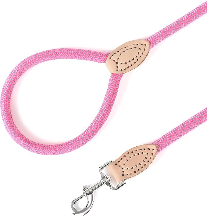 Mile High Life Dog Leash with Genuine Leather Connection, Reflective | Rope Leash, Heavy Duty 360° Swivel Metal Clasp, for Small Medium & Large Dogs Walking (Hot Pink, 60 Inch-1/2)