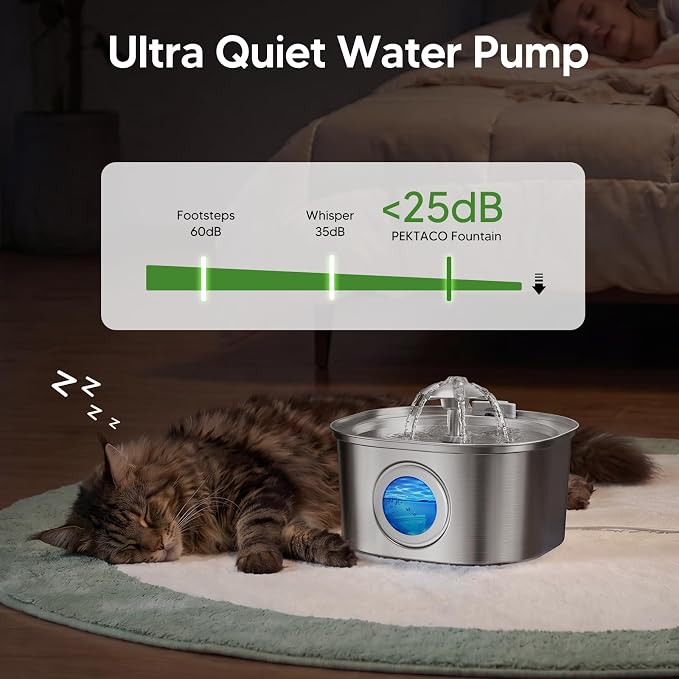 PEKTACO Cat Water Fountain, 3.2L Stainless Steel Pet Fountain, 3 Filters | 108oz capacity, LED water level window, ultra-quiet pump, dishwasher-safe tray, BPA-free, for cats and small dogs