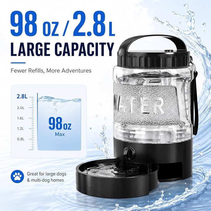 Portable Dog Water Bottle with Travel Bowl, 98 oz/2.8 L, Black | 2-in-1 portable dog water bottle with pull-out bowl; BPA-free plastic, silicone seal, wide mouth and grip for hikes or travel