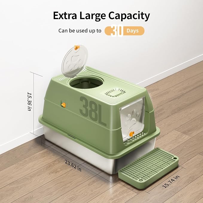 Stainless Steel Cat Litter Box with Removable Lid, XL Enclosed | High Sided Litter Box with Carbon Filters, Odor Free, Easy Cleaning, Anti-Urine Leakage for Big Cats/Multiples, Green