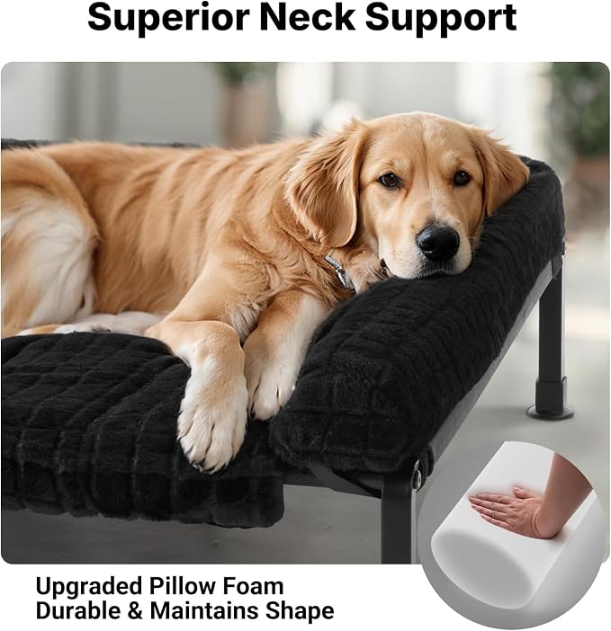 Veehoo Elevated Dog Bed with Fluffy Plush Bolster Cushion, Dog Couch Bed | Cooling Raised Dog Bed for Large Dogs, Washable Orthopedic Pet Cot with Removable Mat, Breathable Mesh, Non-Slip, 42", Black