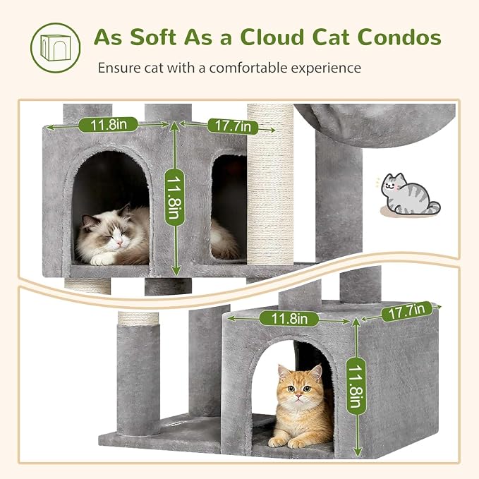 Globlazer C64 Heavy Duty Corner Cat Tree, 64in Large Cat Tower, Light Grey | Easy Setup, Maine Coon, Extra-Large Top Perch, 2 Condos, 2 Hanging Baskets, 4 Sisal Scratching Posts, Anti-Topple Strap