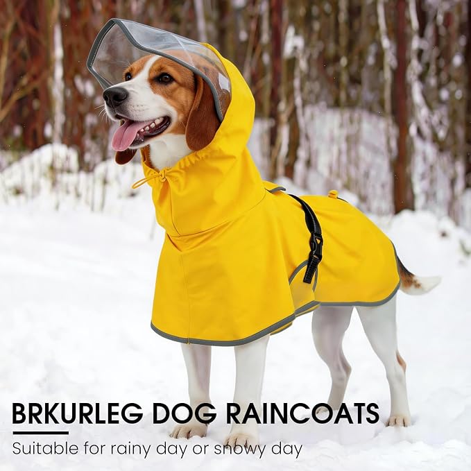 BRKURLEG Dog Raincoat, Waterproof Rain Jacket with Clear Hood for Small Medium and Large Dogs, Adjustable Reflective Pet Rain Coat Poncho with Leash Hole, Yellow XXL