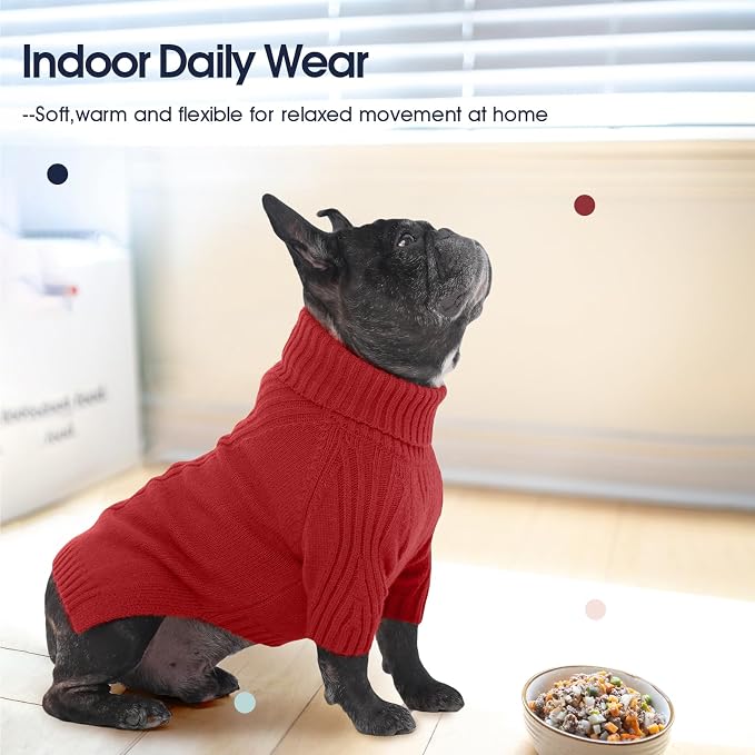 IECOii Dog Sweaters for Medium Dogs Girl Boy,Christmas Knit Doggy Sweatshirt with Sleeve,Turtleneck Thick Warm Dog Sweaters for Winter,Pullover Knitwear for French Bulldog,Boston Terrier (Red, L)