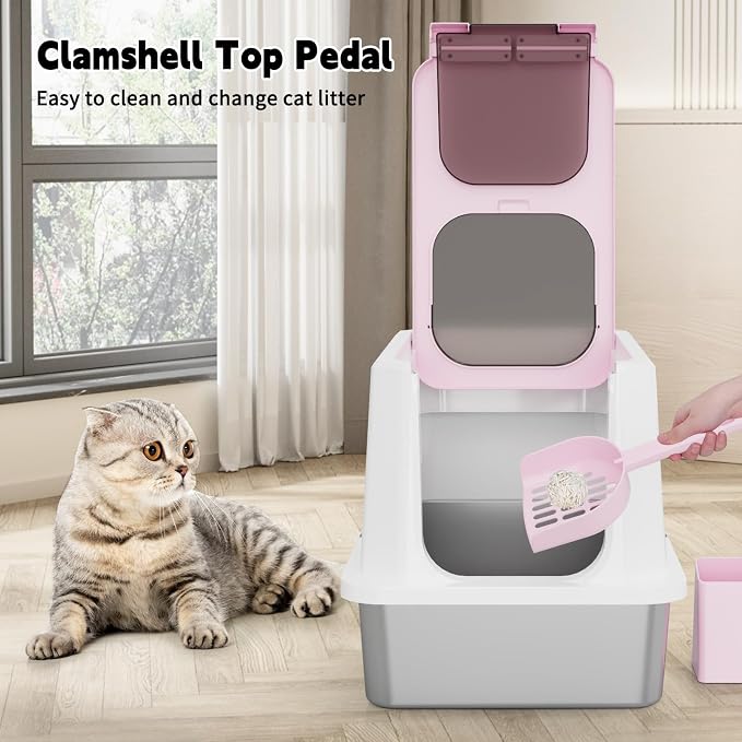 RIZZARI Stainless Enclosed Litter Box: with Scoop & Odor Control | 304 Stainless Basin / Wide Top Opening / Privacy Enclosure / Top & Swing Dual Entry / Anti-Leakage Raised Rim