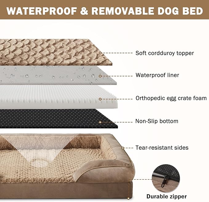 INVENHO Orthopedic Large Dog Bed, Washable Waterproof, Egg-Crate Foam Dog Couch Bed with Washable Removable Cover, Waterproof Lining and Nonskid Bottom
