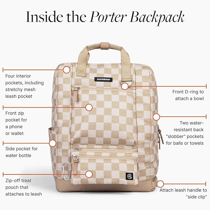 Cleverpup Porter 2-in-1 Dog Gear Backpack – Premium Dog Travel Bag with 10 Pockets, Zip-Off Treat Pouch, Leash Clip, Waterproof Pockets & Water Bottle Holder – Weekend, Hiking, Camping, Checkerboard