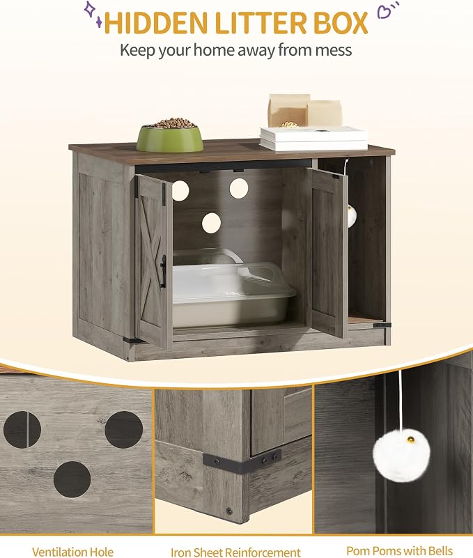 Hzuaneri Cat Litter Box Enclosure, Hidden Litter Box Cabinet Furniture | Indoor Cat House with Bell, Farmhouse Style, 31.5 x 19.7 x 20.9 Inches, for Hallway, Bedroom, Light Ivory and Brown CB82405X