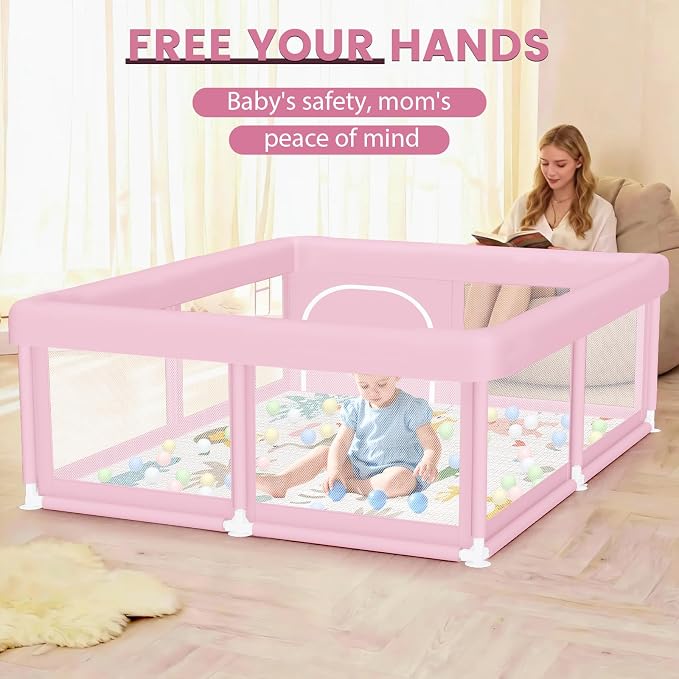 Hiaksedt Baby Playpen with Mat 50"x50" Baby Girl Play Pen for Babies | Playpen and Toddlers, Safe Structure and Soft, Skin-Friendly Fabric with Zipper Gates Pink