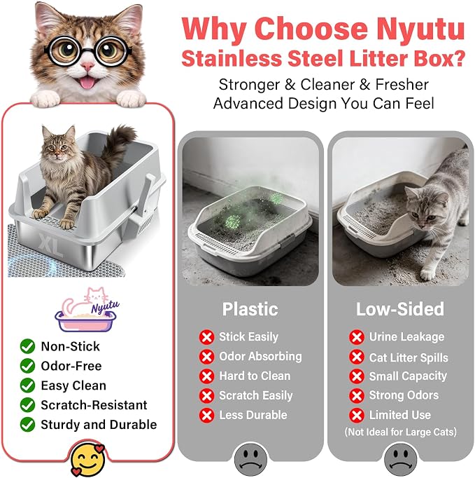 2PACK Stainless Steel Cat Litter Box, Extra Large Litter Boxes for Big Cats | High Sided, Anti-Urine Leakage, Odor Free, Non-Sticky, Easy Cleaning, Include Mat & Scoop