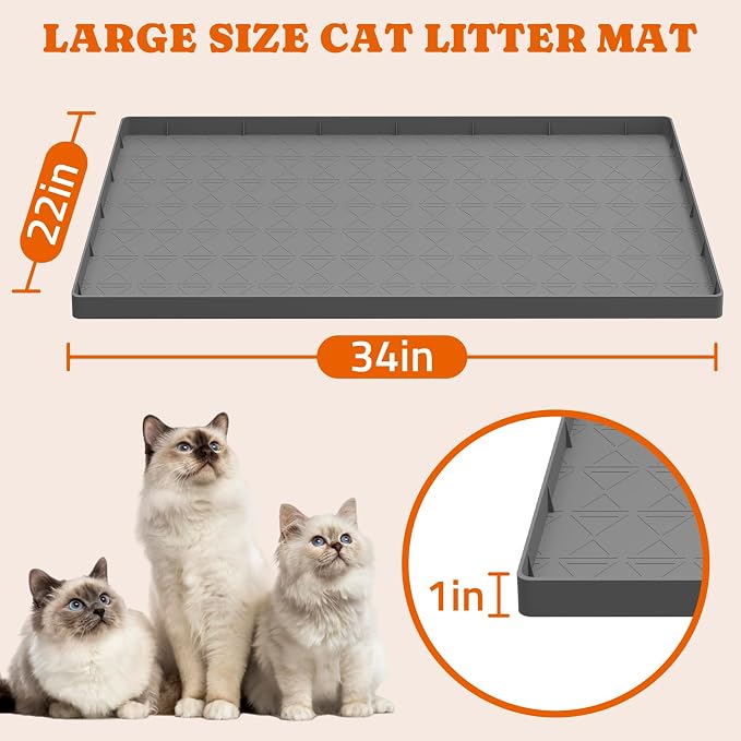 Pawtners Silicone Cat Litter Mat 34 x 22 in, Easy to Clean, Gray, 1 Pack | Non-Slip Kitty Litter Mat for Floor, Waterproof & Urine-Proof Cat Litter Mat Litter Trapping Mat, Soft on Kitty Paws