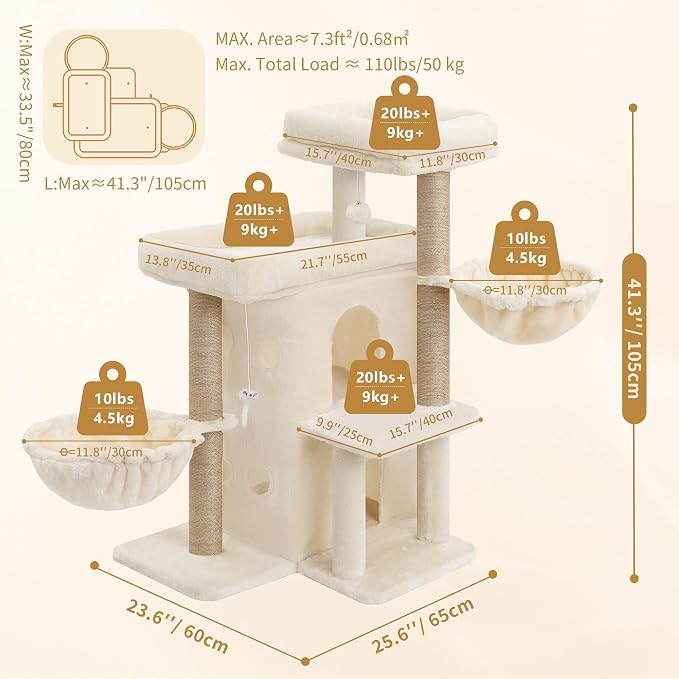 Heybly Cat Tree with Reinforced Big Base, 41.3 in Sturdy Cat Tower HCT075MJ | Indoor Cat Furniture Featuring 2 Roomy Platforms, Double Condos, 2 Cozy Baskets, Full Sisal Scratching Posts, Beige