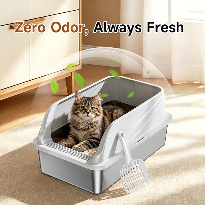 Stainless Steel Litter Box XL | Prevents Urine Leakage Includes Scoop Durable & Sturdy Odor-Resistant