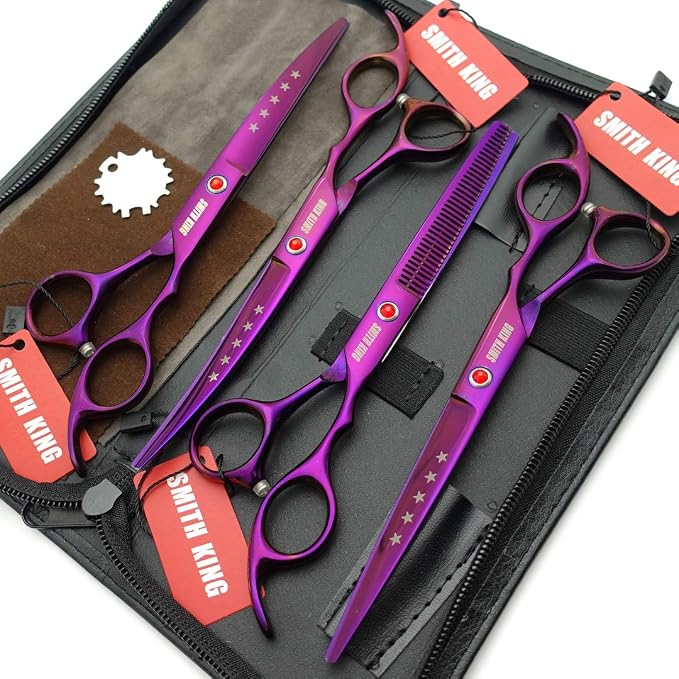 7.0in Professional Pet Grooming Scissors set,Straight & Thinning & Curved scissors 4pcs set for Dog grooming (Violet)