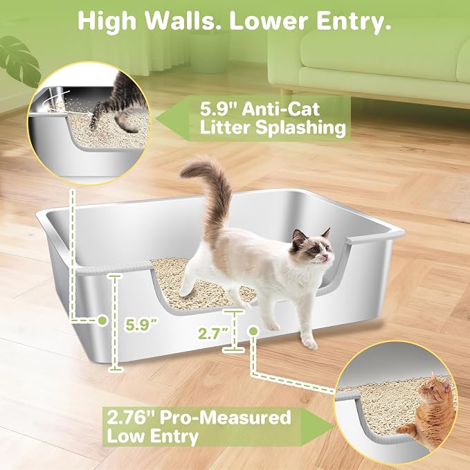 2-Pack Low Entry Litter Box for Senior Disabled & Injured Cats, Stainless Steel High Sided Enclosed Easy Step in Entry-Metal Kitty Litter Box for Kittens, Odor Control (17.7"x13.8"x5.9")