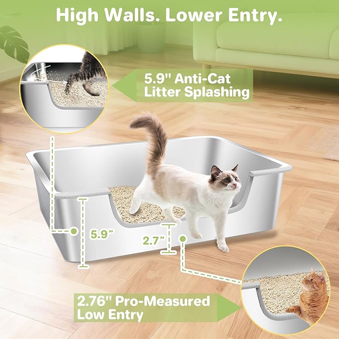 2-Pack Low Entry Litter Box for Senior Disabled & Injured Cats, Stainless Steel High Sided Enclosed Easy Step in Entry-Metal Kitty Litter Box for Kittens, Odor Control (19.7"x13.8"x5.9")